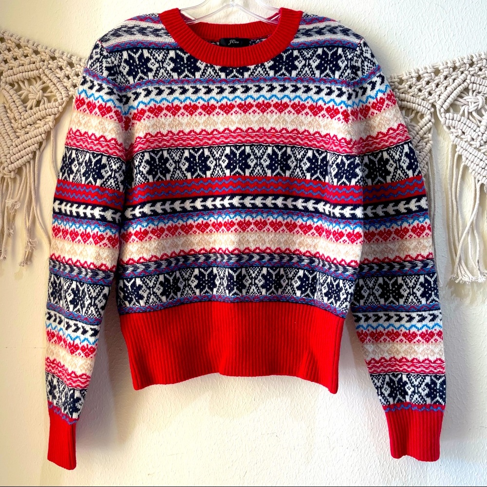J Crew Fair Isle Crew Neck Red Multi Lambs Wool Blend Size L